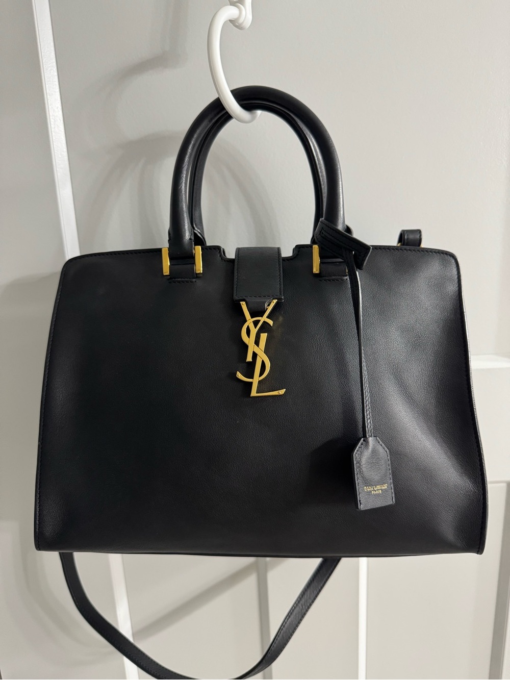 Yves Saint Laurent Cabas Black Leather Satchel Gold YSL Logo COA Dust Bag Small
